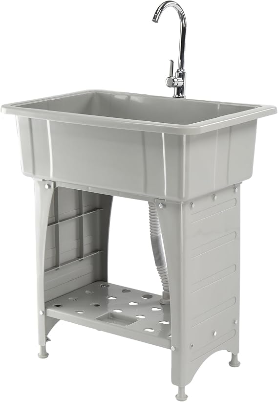 VINGLI 20-Gallon Utility Sink Laundry Tub for Washing Room, Freestanding Utility Sink with Stainless Steel Faucet, 22"D x 32"W x 36"H Grey