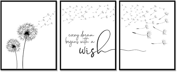 WCDHOR Dandelion Wall Art Prints Set of 3, Every Dream Begins With a Wish Inspirational Botanical Wall Decor for Bedroom, Nursery, Living Room, Girls Room, Dorm, Teen Girls, Friends