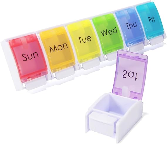 7 Day Pill Organizer, Removable Daily Cases with Rainbow Lids & Permanent Day Printing No Stickers, Large Capacity Travel Medicine Holder for Pills, Vitamins & Fish Oil, Easy One-Handed Open (1/Day)