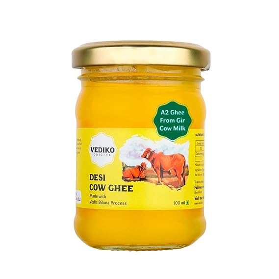 Vediko Origins A2 Gir Cow Ghee 100Ml Glass Jar | 100% Pure Ghee | Vedic Bilona Method Ghee | Natural, Healthy Sahiwal Breed Cow's Milk | Boost Your Energy With Lab-Tested, Premium & Traditional Ghee