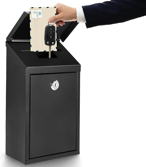 Secure Wall-Mounted Mailbox for Outside, Rust-Proof Steel Postbox with 3 Sets Numbers, Locking Donation/Suggestion Box with Keys, Collection Box with Drop Slot for Home, Office, Business