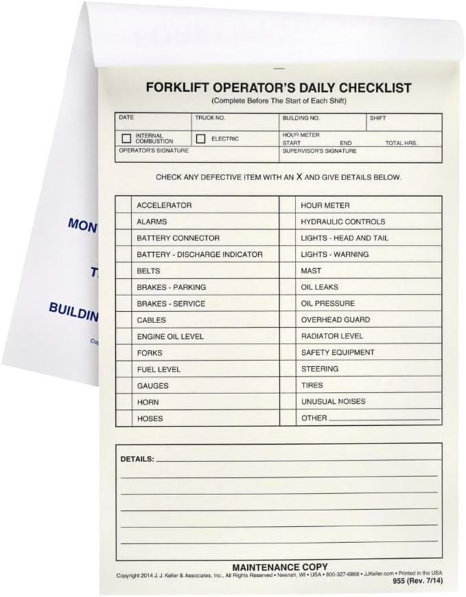 Forklift Operator Daily Checklist 10-pk. - Book Format with 31 Sets, 2-Ply with Carbon, 5.5 x 8.5, Safety & Maintenance Forklift Checklist Inspection Book, J. J. Keller & Associates, Inc