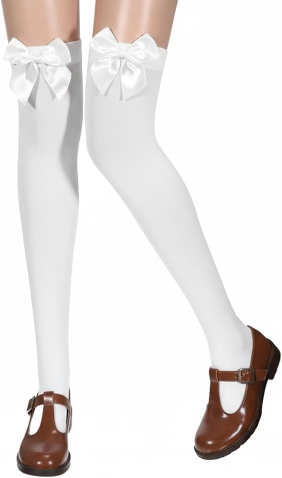 Thigh High Stockings with Stain Bow Accent, Smooth Edge Bow Socks Cute White Lolita Socks Soft Stretchy Knee Uniform Dress Sock with Bow for Dress Uniform Lolita Daily Wear(White Bow)