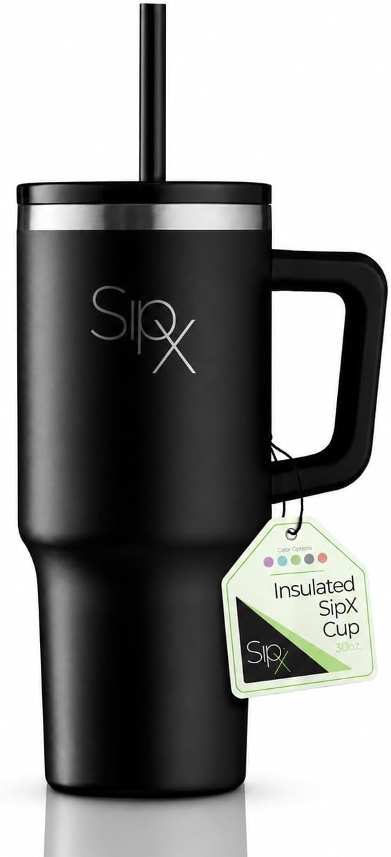 SipXTM 30 oz Insulated Tumbler with Handle & Straw Vacuum Insulated Stainless Steel, Leakproof, Cupholder Friendly Perfect for Iced Coffee, Water & Travel Black