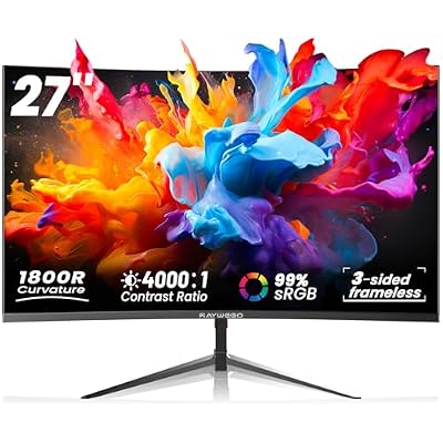 Raywego 27 Inch Curved Monitor, Full HD 1080p, 100 Hz 1 ms, 1800 R VA Panel, 4000:1 Contrast Ratio, 3-Sided Slim Bezel, Blue Light Filter, VESA Mount for Home Office, Black