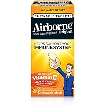 Airborne 1000mg Vitamin C Chewable Tablets with Zinc, Immune Support Supplement with Powerful Antioxidants Vitamins A C & E - 32 Chewable Tablets, Citrus Flavor