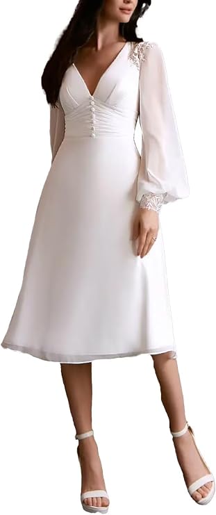 Womens White Long Sleeves Wedding Dresses for Bride Tea Length Chiffon Deep V Neck Bridal Shower Dress for Bride Knee Length Wedding Gown with Sleeves US2