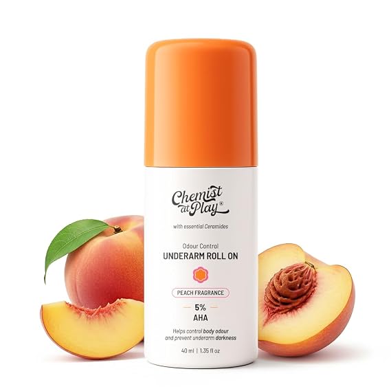 Chemist at Play UnderArm Roll-On with 5% AHA| Lactic & Mandelic Acid|Prevents Odour, Brightens Skin & Exfoliates Underarm | For Sensitive Skin | Peach Fragrance | Alcohol & Aluminium Free | 1.35 fl oz