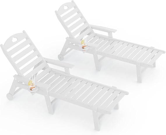 Pool Lounge Chair Outdoor, HDPE Oversize Chaise Lounge Outdoor Chair with Wheels and Cupholder, 6-Position Adjustable, for Pool, Patio, Lawn, Garden, Poolside (White, 2)