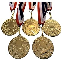Express Medals 5-Pack 2 inch Diameter Die-Stamped Solid Metal Graduation Medal with a Detailed Bright Gold Color Finish, and a Red White and Blue Neck Ribbon.