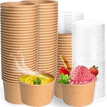100 Pack Disposable Paper Soup Bowls with Lids, Heavy Duty 8 OZ To Go Soup Bowl Kraft Paper Container Cups for Ice Cream, Yogurt, Cold and Hot Drinking, Food