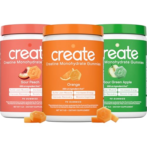 Create Creatine Gummies Bundle Orange, Sour Green Apple & Sour Peach NSF Certified, 3rd Party Tested, Creapure Creatine Monohydrate, Anti-Melting Formula, 270 Count 3-Pack