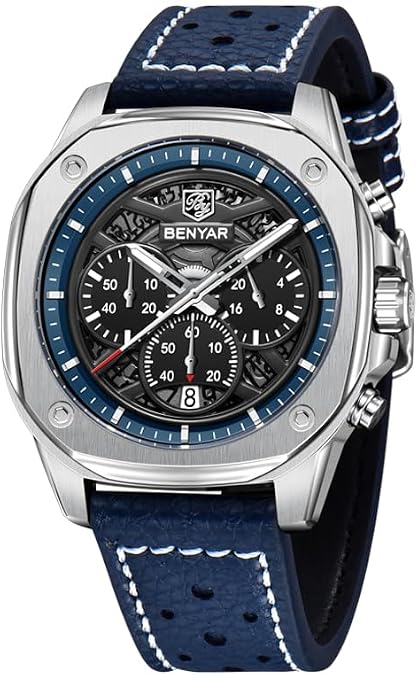 BENYAR Men's Chronograph Watch with Skeleton Dial, Waterproof Luminous Sports Wristwatch, Date Display, Leather Strap, Casual Business Multifunctional Fashion Gift