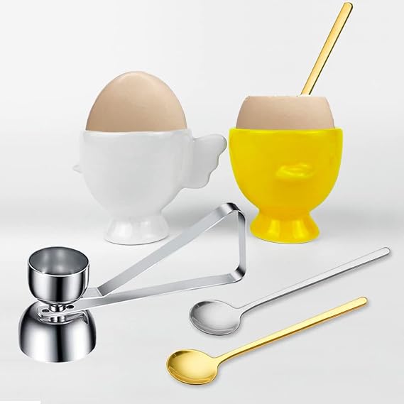 BENEKIY Easter Egg Cups for Soft Boiled Eggs Ceramic Egg Holder 2 Pack Hard Boiled Raw Egg Cup 1 pack Egg Topper Cutter with 2 Pack Stainless Steel Egg Spoons for Decor Breakfast Brunch