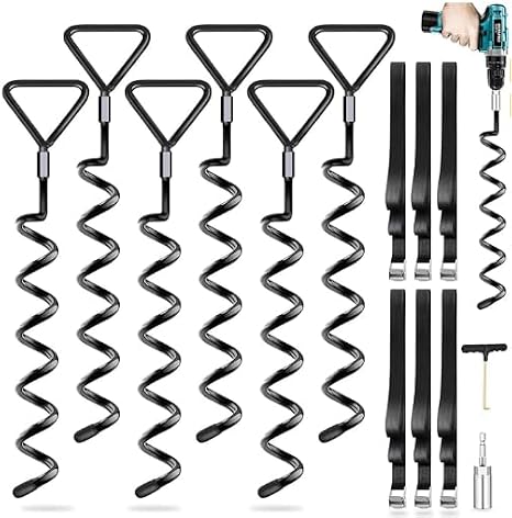 Ground Anchor Pack of 4 with straps, trampoline anchor kits | Heavy Duty ground screws for Trampolines, Tents, Swings, Garden Sheds etc