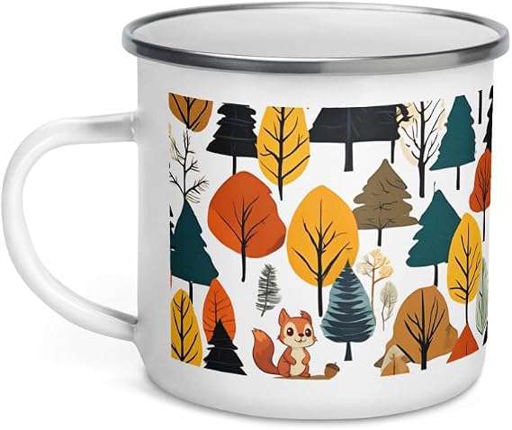 Autumn Forest Scene with Squirrel White Enamel Camping Mug