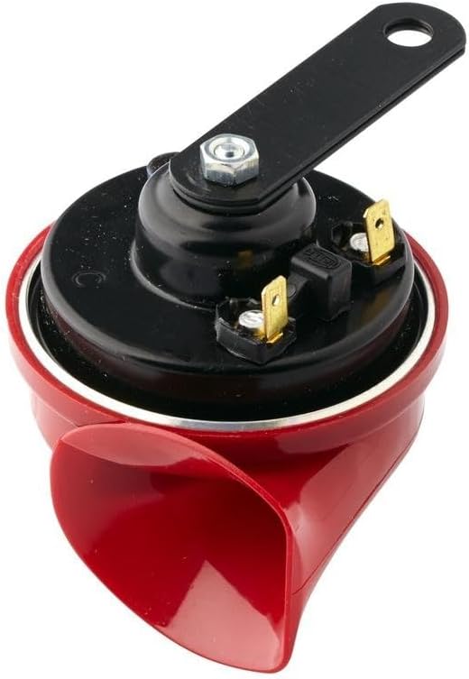 HELLA 3FG 007 424-011 Trumpet Horn - TE16 - 12V - 110dB(A) - Frequency Range: 500Hz - High Tone - Electric - Housing Colour: Red/Black - Flat Plug-in Connector