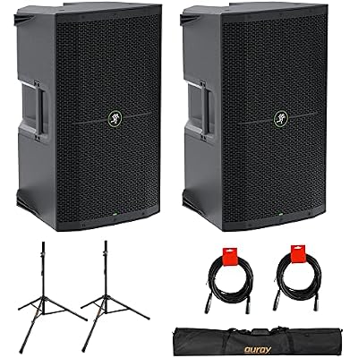 Mackie Thump212 1400W 12 Powered PA Loudspeaker System Pair Bundle with Auray SS-47S-PB Steel Speaker Stands, Carrying Case, and 2X 20 XLR-XLR Cable