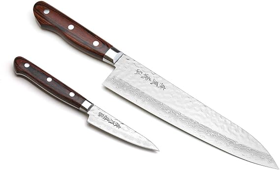 Yoshihiro VG10 16 Layer Hammered Damascus Stainless Steel Gyuto 8.25'' (210mm) Japanese Chefs Knife & Paring Utility Knife 3.2'' (80mm) SET
