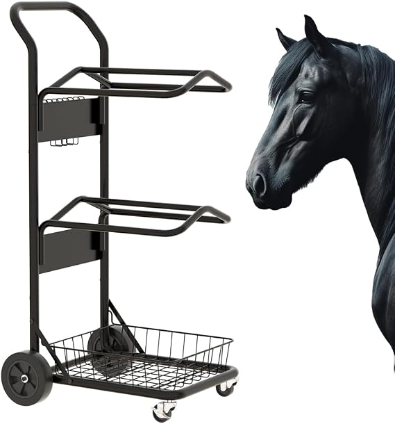 Heavy Duty Saddle Rack Cart with Wheels & Basket Large Capacity Rolling Tack Cart for Organizing, Storing & Transporting Horse Gear