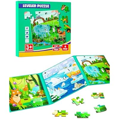 Magnetic Puzzles for Kids Ages 3-5, 3 in 1 Animal Magnet Jigsaw Puzzle Book for Toddlers, Car Airplane Road Trip Activities Toys for 3 4 5 6 Year Old Girls Birthday Animal