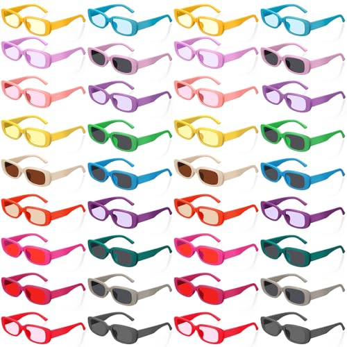 Ecally 36 Pairs Small Retro Rectangle Sunglasses Bulk 90s Vintage Trendy Sunglasses Pack for Women MenSolid Color,Square