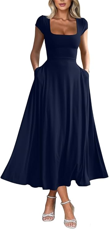 YMDUCH Women's Casual Short Sleeve Square Neck Flowy Long Dress