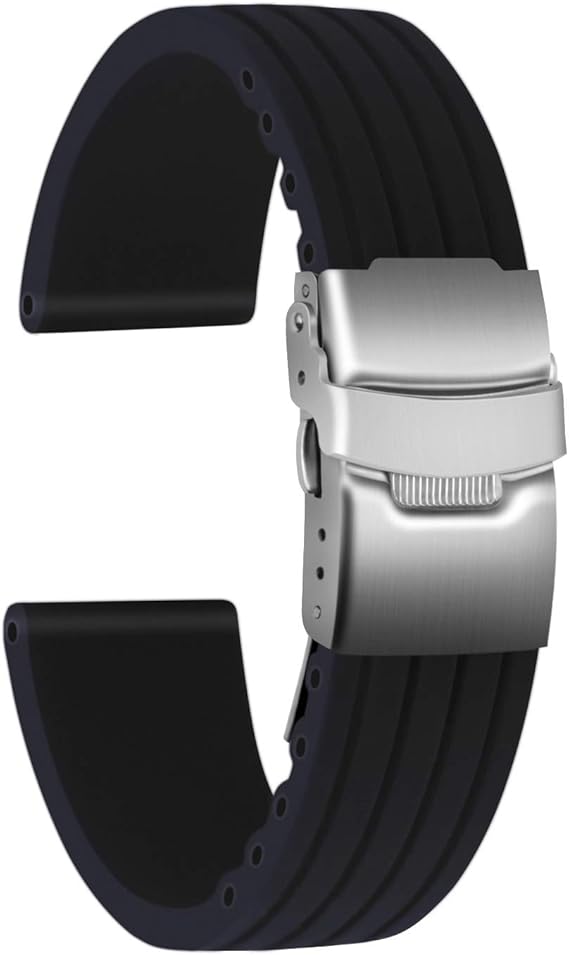 Silicone Watch Strap Replacement Rubber Watch Band Waterproof Stripe Pattern - 14mm, 16mm, 18mm, 20mm, 22mm, 24mm Watch Bracelet with Stainless Steel Deployment Buckle