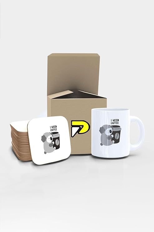 Postermanya I Need Coffee Tembel Koala Tasarımlı Baskılı Kupa Bardak Seti, Eğlenceli Özel Hediye Mug