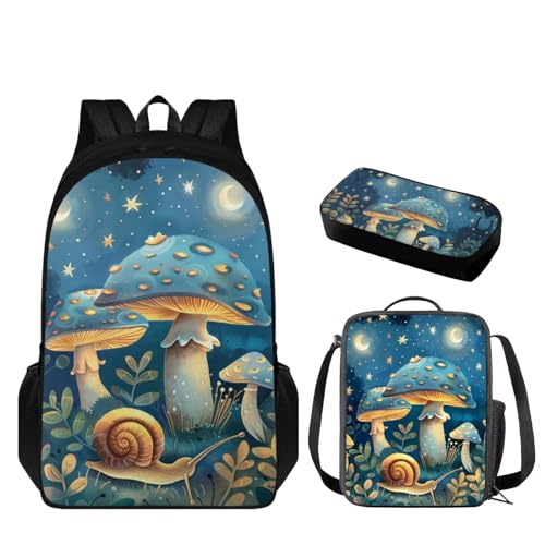 Blue Mushroom 3Pcs Girls Backpack for School with Lunch Bag Pen Bag Set School Backpack Kids Backpack for Boys Girls Portable Lunch Bag Multifunctional Pencil Case