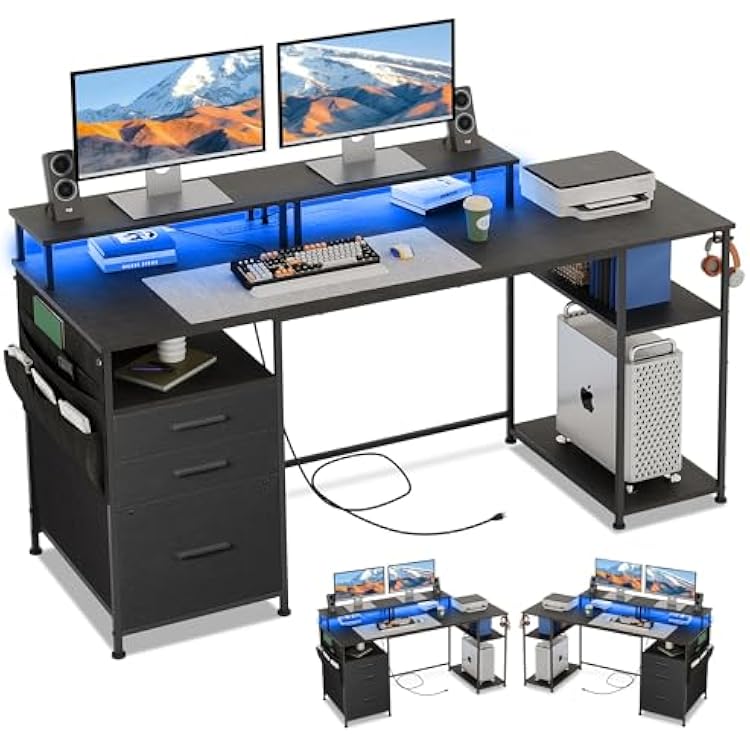 Computer Desk with 3 File Cabinet Drawers, 57.8 Reversible Gaming Desk with LED Lights and Power Outlets, Office Desk with Storage Shelves and Dual Monitor Stand for Home & Office Black