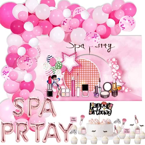112 Pcs Spa Party Balloon Arch Kit, Make Up Happy Birthday Cake Cupcake Topper Spa Party Backdrop for Girls Teens 7th 8th 9th 10th 11th 12th Birthday Party Decorations Supplies