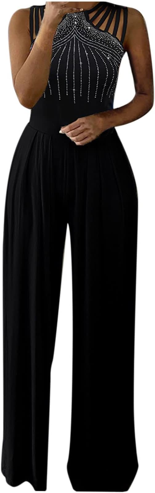 tuduoms Women's Sequin Sleeveless Summer Jumpsuits Cold Shoulder Elegant Sparkle Rhinestone Wide Leg Long Pants Jumsuits