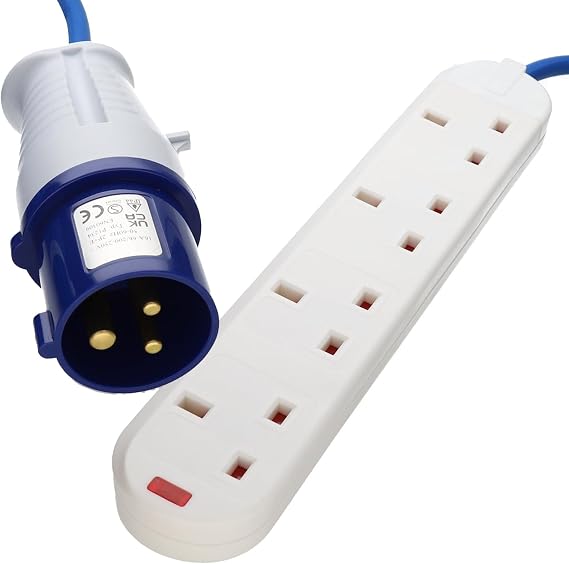 kenable 10m 4 Way Motorhome Caravan Camping Mains Electric Hook Up Extension Lead 16A Blue CEE Plug to UK Sockets [10 metres]