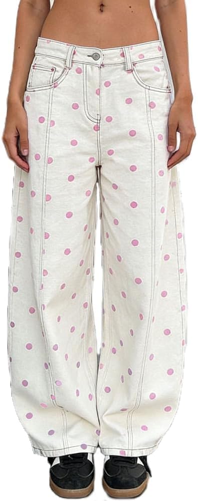 Yoawdats Women's Polka Dot Pattern Barrel Jeans Casual Wide Leg Mid Rise Denim Pants Y2K Boyfriend Cute Jeans