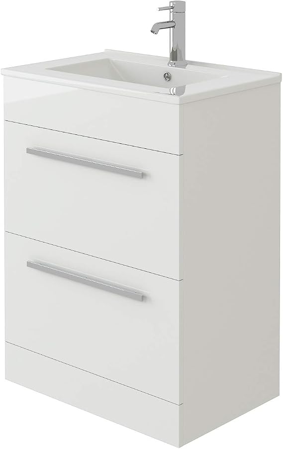 VeeBath Venus 600 Vanity Unit, Wash Basin Bathroom Sink, Soft Close Drawer and Flap, Cloakroom Wall Mounted Storage Cabinet- White,Slim Edge (Flat Pack)