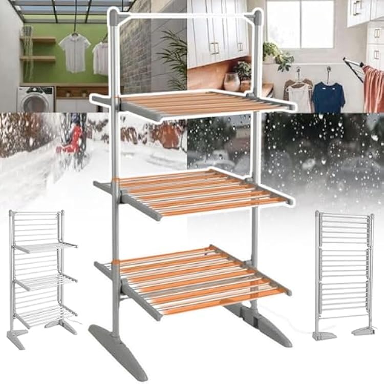 Heated Clothes Drying Rack,Folding Dryer Clothes Airer,3 Tier Electric Heating Clothes Floor Shelves,Aluminium Laundry Drying Frame-Waterproof SwitchAnti-RustSpace Saving-Load 30kg ,Silver