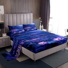 Erosebridal Japanese Style Bed Sheets Twin Size, Lotus Flower Top Fitted Sheet for Kids Teens Adult Women Room, Aesthetics Scenery Sheet Set Mountain Nature Bedding Set 2 Piece with 1 Pillow Case