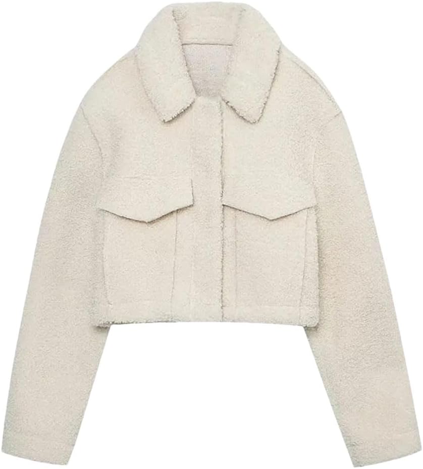 Casual Faux Lamb Wool Short Women Winter Coats Turn Down Collar Pocket Autumn Jackets