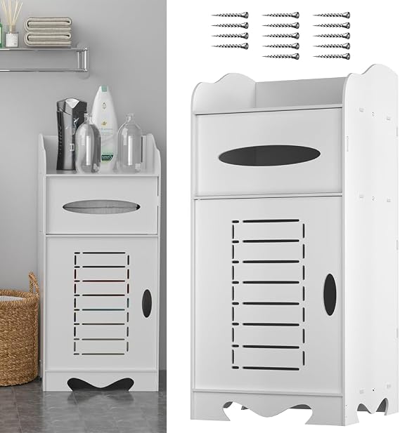 Bathroom Floor Cabinet 60CM Height, Free Standing Tall Slim Side Organizer White Pantry, PVC Home Organizers and Storage, Multi-Purpose Narrow Cupboard With Door & Shelf