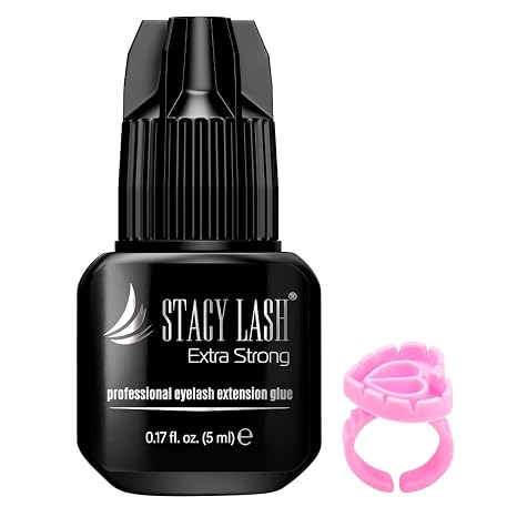 STACY LASH Extra Strong Eyelash Extension Glue (0.17fl.oz / 5ml) / 0.5-1 Sec Dry/Retention 8 Weeks/Professional Black Adhesive/Lash Tech Supplies + Glue Ring