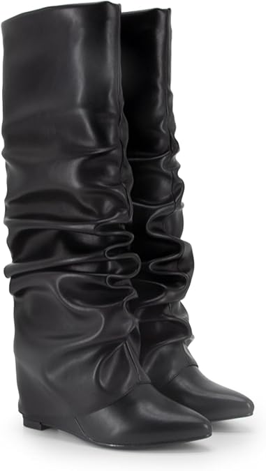 Fold Over Boots for Women Knee High Shark Boots Wedge Heel Flat Shoes