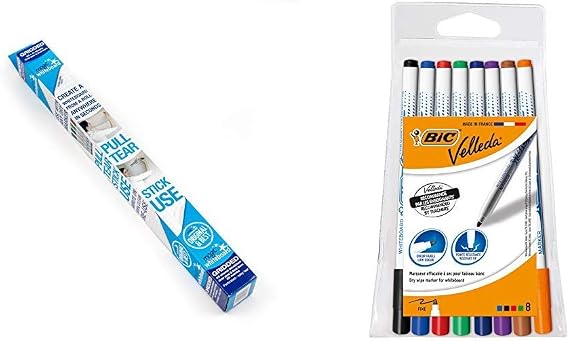 Magic Whiteboard - Reusable Sheets Sticks to Any Surface - 25 Sheets (A1) Perforated Roll &BIC Velleda 1721 Whiteboard Pens - Assorted Colours, Pouch of 8