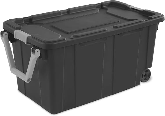 Extra Large Wheeled Industrial Storage Bin, 40 Gallon Rugged Plastic Storage Tote with Latch Lid and Pull Handle, Dark Gray