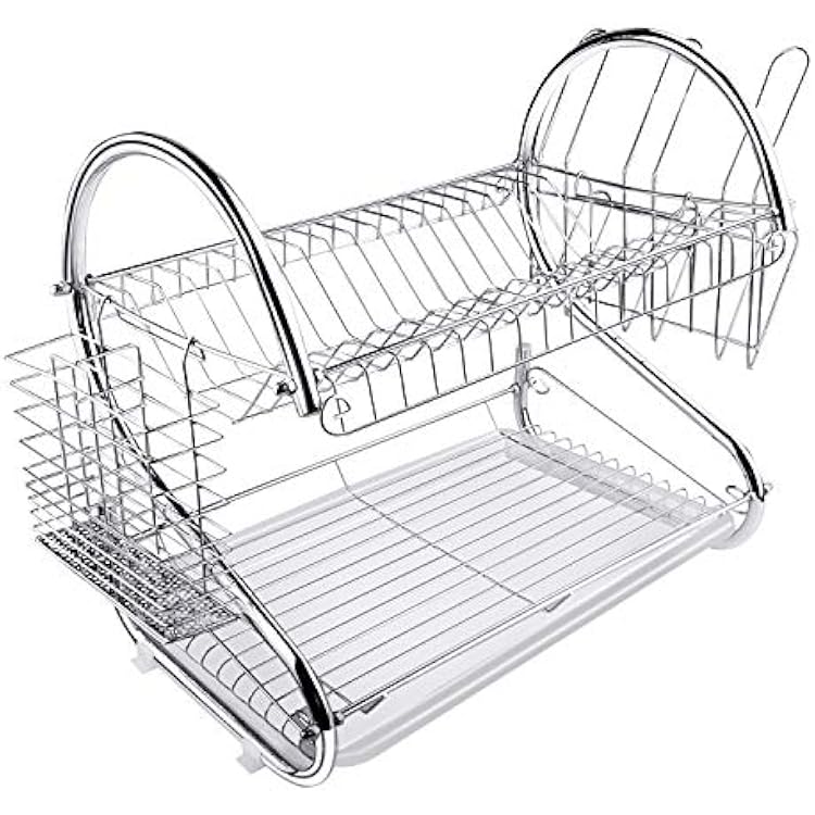 TREE.NB Over Sink Dish Drying Rack, 2 Tier Dish Drainer with Trays, Stainless Steel Utensil Holder Cup Holder Large Dish Rack Over Sink for Kitchen Counter