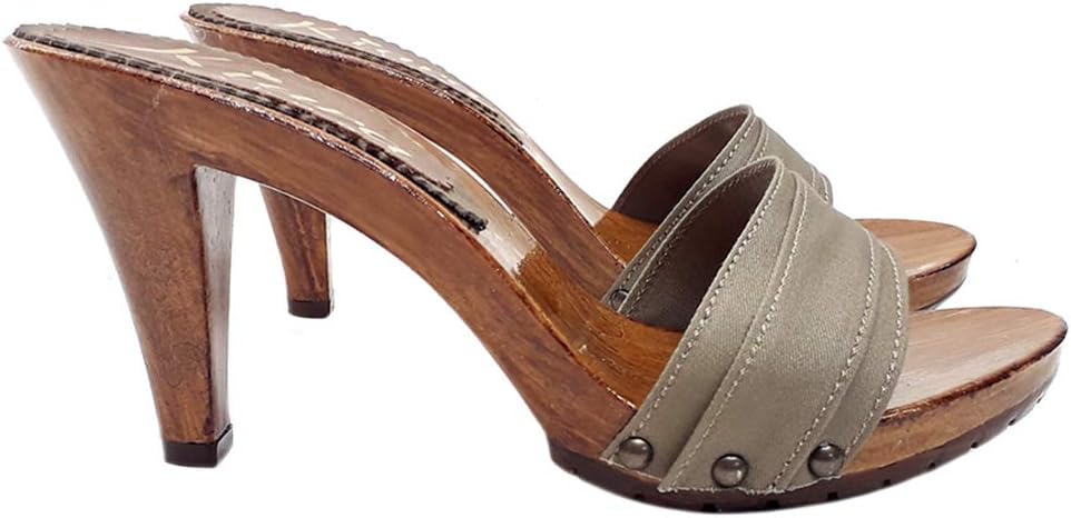 Kiara Shoes Clogs with Heel 9 Upper in Taupe Fabric - K6101 Taupe