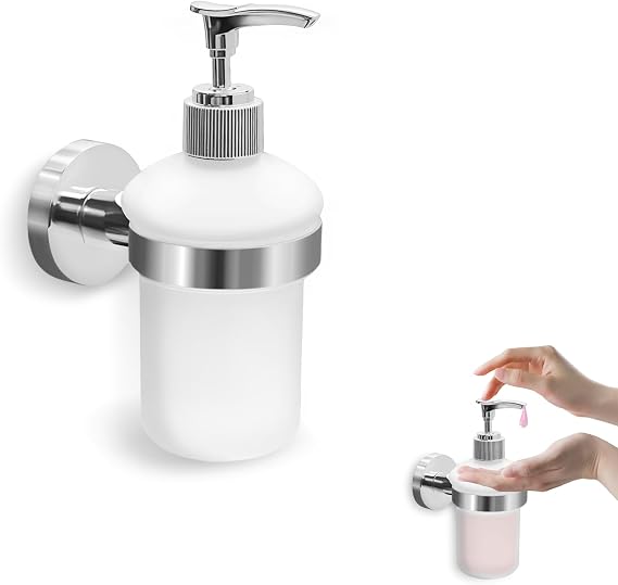 Wall Mounted Soap Dispenser, Frosted Glass Bottle with Rustproof Stainless Steel Holder & Chrome Pump for Bathroom & Washroom, 200ml(Set)