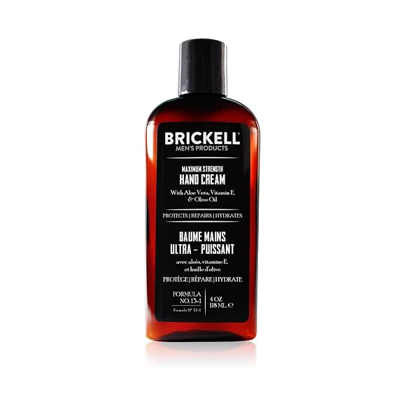 Brickell Men's Maximum Strength Hand Cream for Men, Fast-Absorbing Hand Lotion with Vitamin E, Shea Butter, and Jojoba Oil, 4 Ounce, Unscented