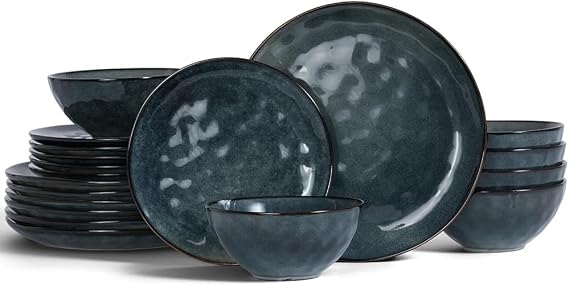 Richmount Ocean 18 Piece Dinner Set, Stoneware 3D Wave Relief Irregularly Shaped Plates and Bowls Set, Reactive Glaze Dinnerware Sets for 6, Dishwasher & Microwave Safe, Stylish & Durable, Moss Green