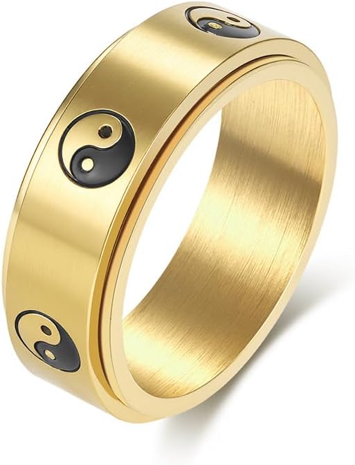 8MM Yin and Yang Fidget Spinner Rings for Men Women Stainless Steel Taichi Balance Mantra Black Ring